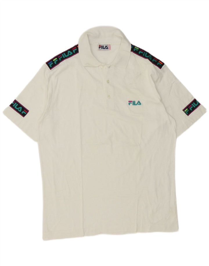Camisa pólo gráfica masculina Fila IT 50 algodão colorblock branco médio