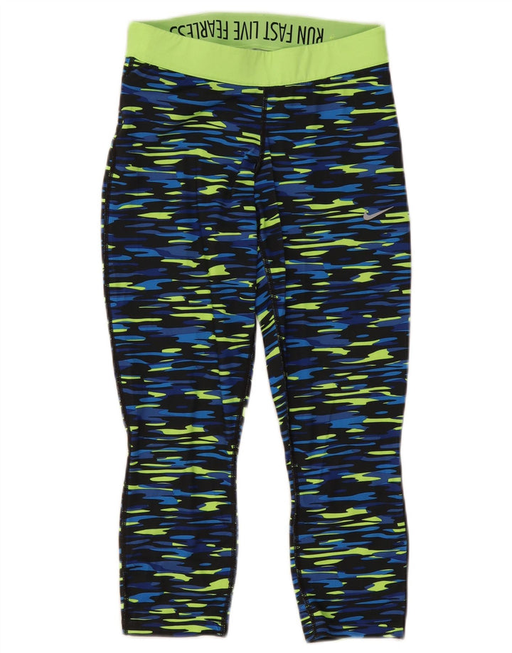 Nike Womens Dri Fit Capri Leggings UK 10 Pequeno Azul Camuflagem Poliéster
