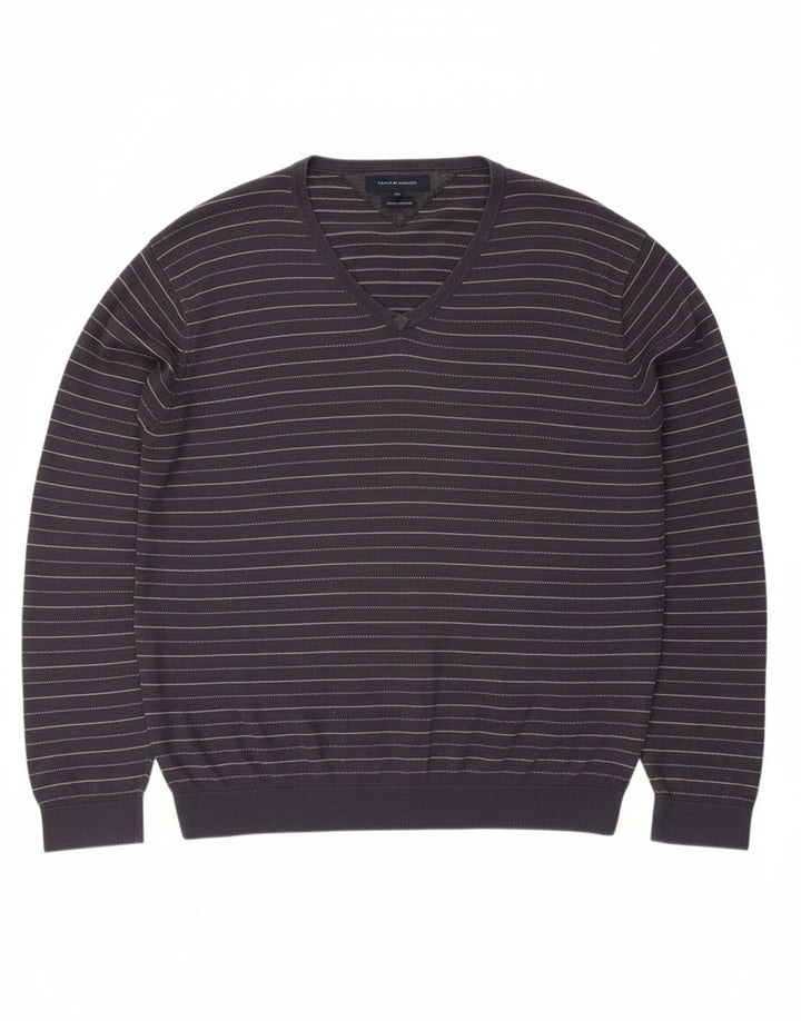 TOMMY HILFIGER Suéter masculino com decote em V 2XL algodão listrado azul marinho