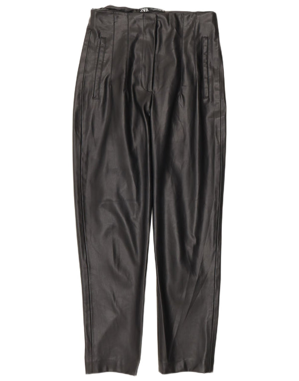 Zara Calça feminina de cintura alta cônica de couro sintético pequena W26 L27 preta