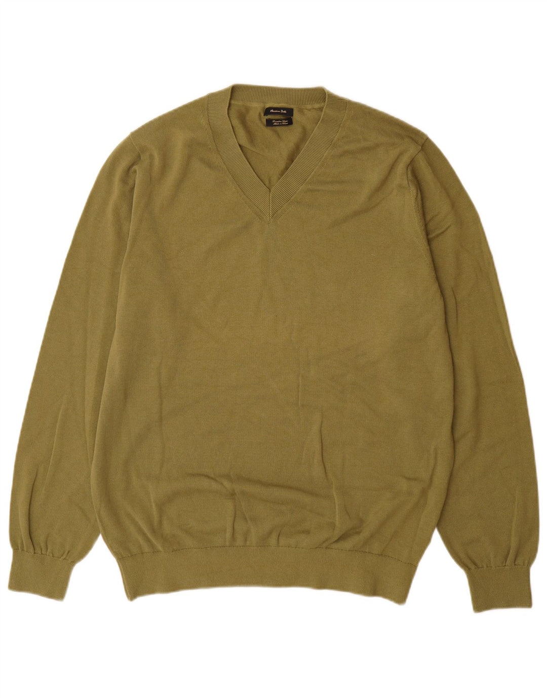 Suéter masculino Massimo Dutti com decote em V, grande algodão cáqui