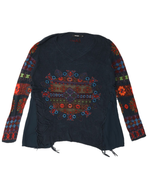 Suéter feminino Desigual com decote em V gráfico UK 18 XL azul marinho floral