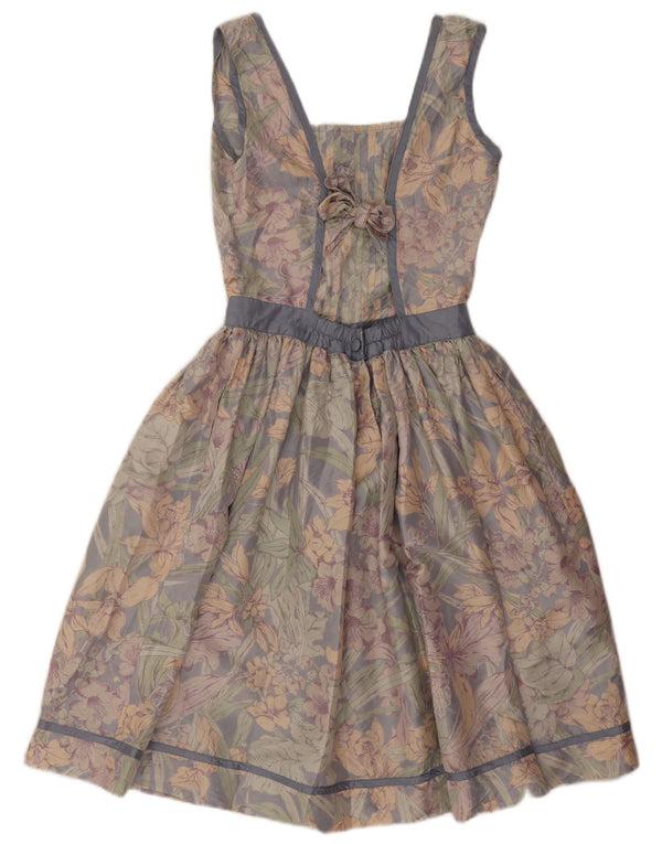 Vestido feminino vintage sem mangas evasê UK 10 pequeno floral multicolorido