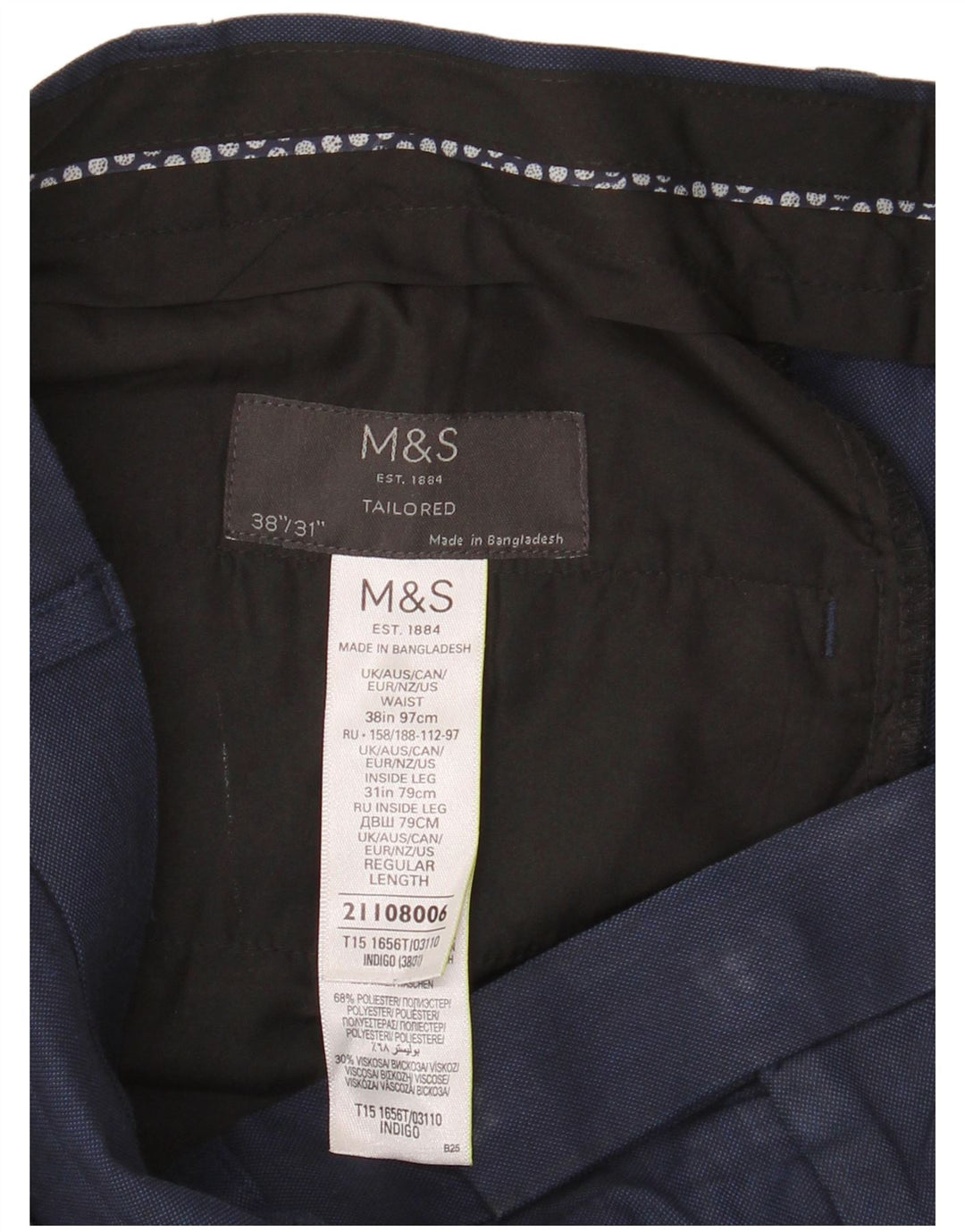 Calça masculina de terno reto Marks & Spencer W38 L31 azul marinho poliéster