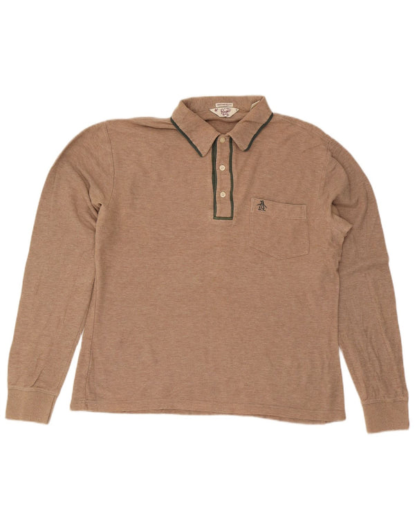 Penguin Mens Heritage Long Sleeve Slim Fit Polo Shirt Medium Beige Cotton