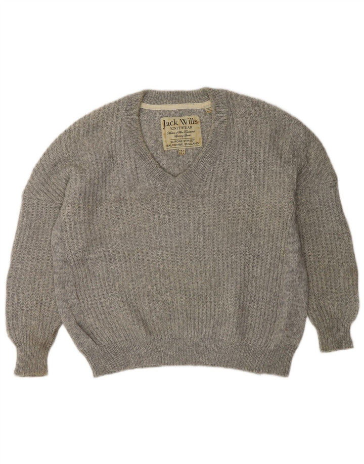 Suéter feminino Jack Wills com decote em V Reino Unido 8 pequeno poliéster cinza