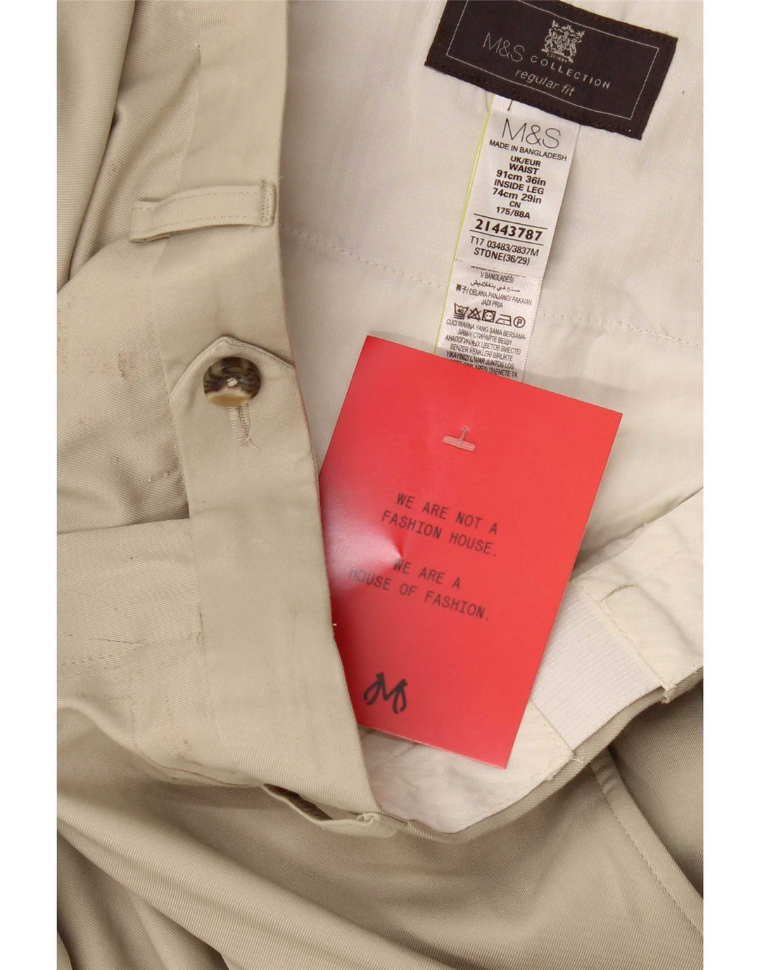 Calça masculina de ajuste regular Marks & Spencer W36 L29 poliéster bege