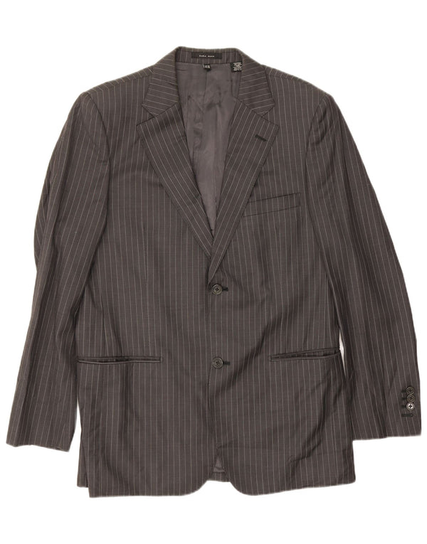 Jaqueta blazer masculina Zara com 2 botões EU 48 lã listrada cinza médio