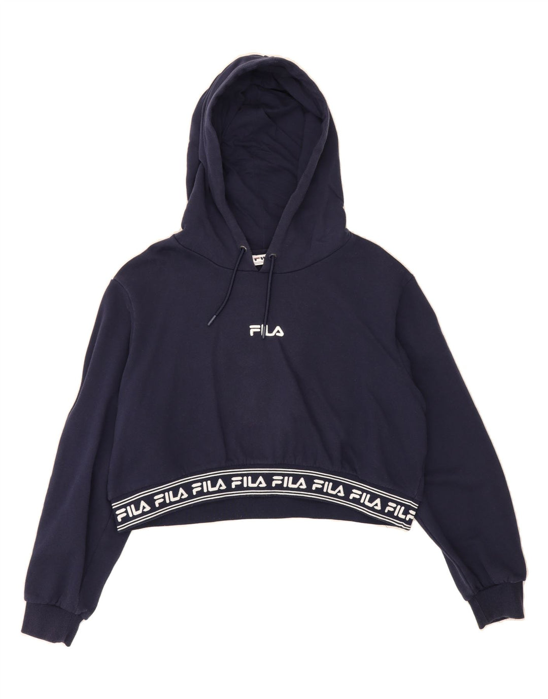 FILA Womens Graphic Crop Hoodie Jumper UK 20 2XL Navy Blue Cotton Vintage Fila and Second-Hand Fila from Messina Hembry 