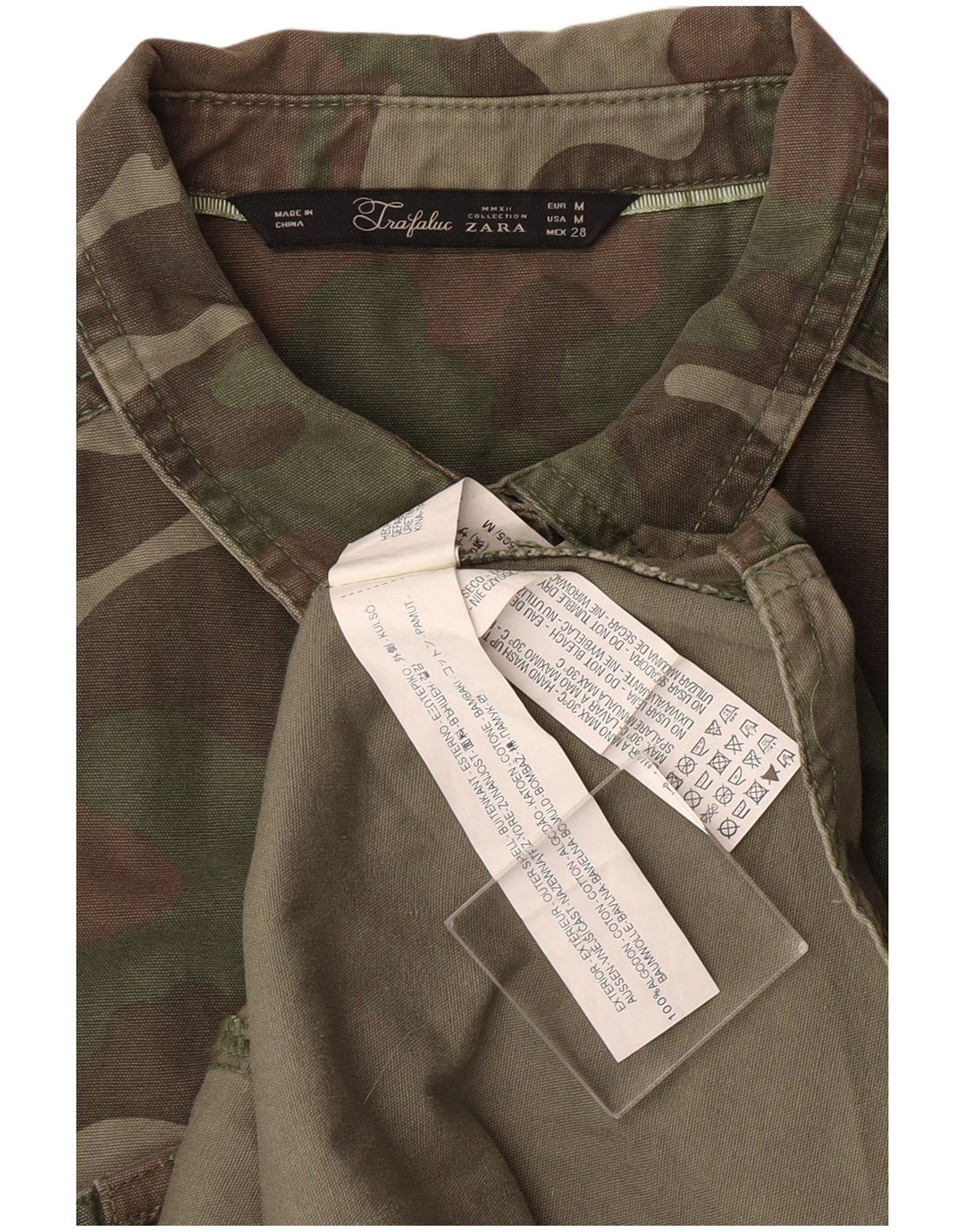 Camisa militar feminina ZARA Reino Unido 12 algodão camuflado cáqui médio