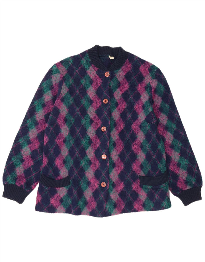 Suéter cardigã feminino vintage EU 50 3XL multicolorido Argyle/Lã Diamante