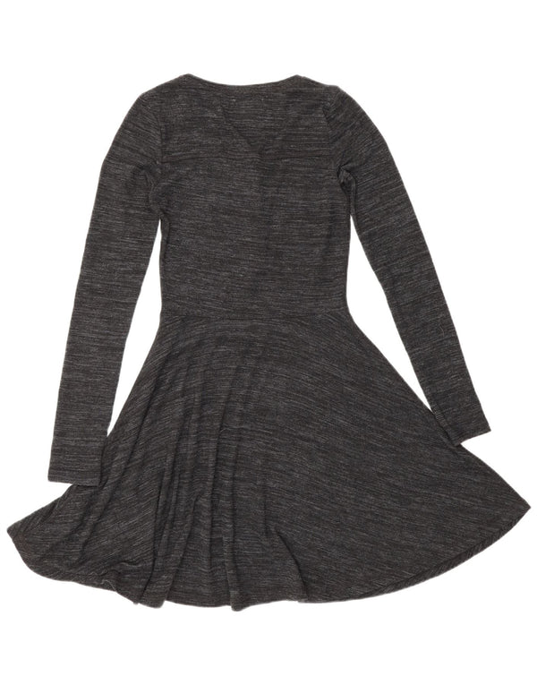 Vestido feminino Superdry manga comprida evasê UK 8 pequeno cinza manchado viscose