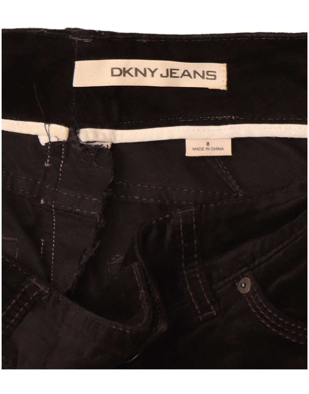 Calça feminina casual de veludo reto DKNY EUA 8 médio W30 L33 preta