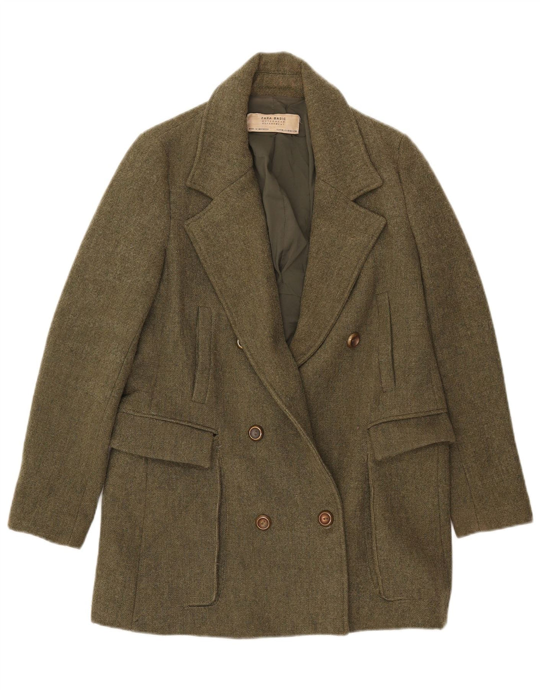 Jaqueta blazer feminina Zara com peito duplo Reino Unido 12 poliéster cáqui médio