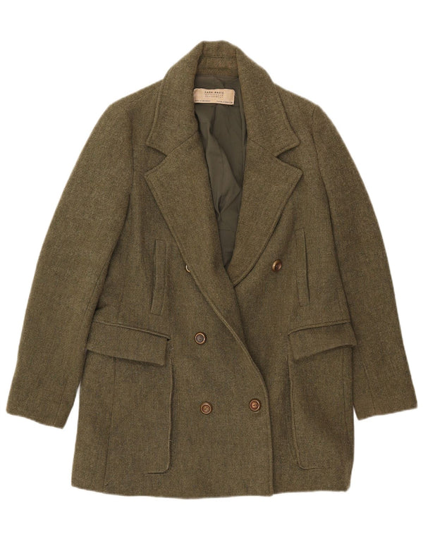 Jaqueta blazer feminina Zara com peito duplo Reino Unido 12 poliéster cáqui médio