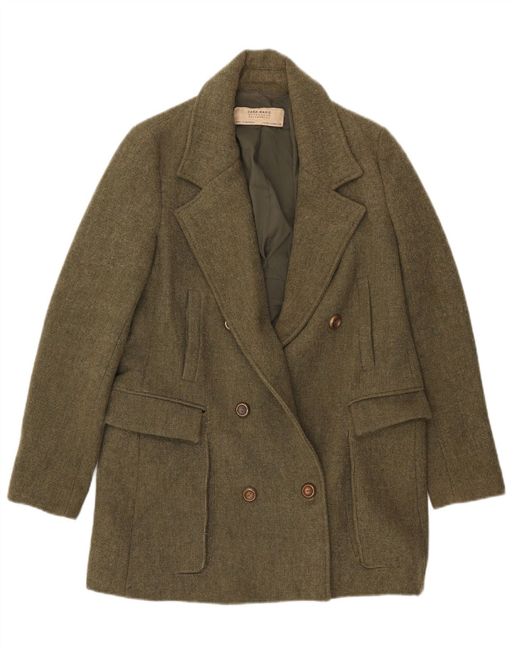 Jaqueta blazer feminina Zara com peito duplo Reino Unido 12 poliéster cáqui médio