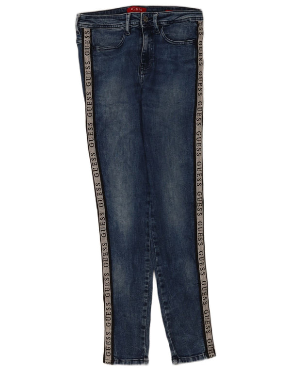 Calça jeans skinny feminina Guess com estampa gráfica de cintura alta W28 L28 azul colorblock algodão