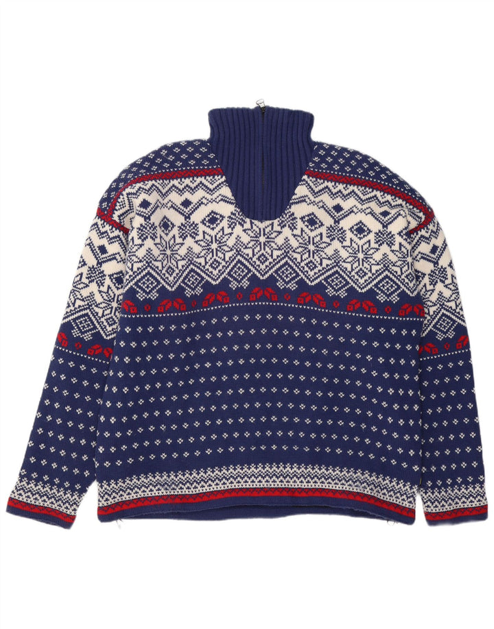Suéter masculino OCK com zíper e gola XL azul marinho Fair Isle Wool