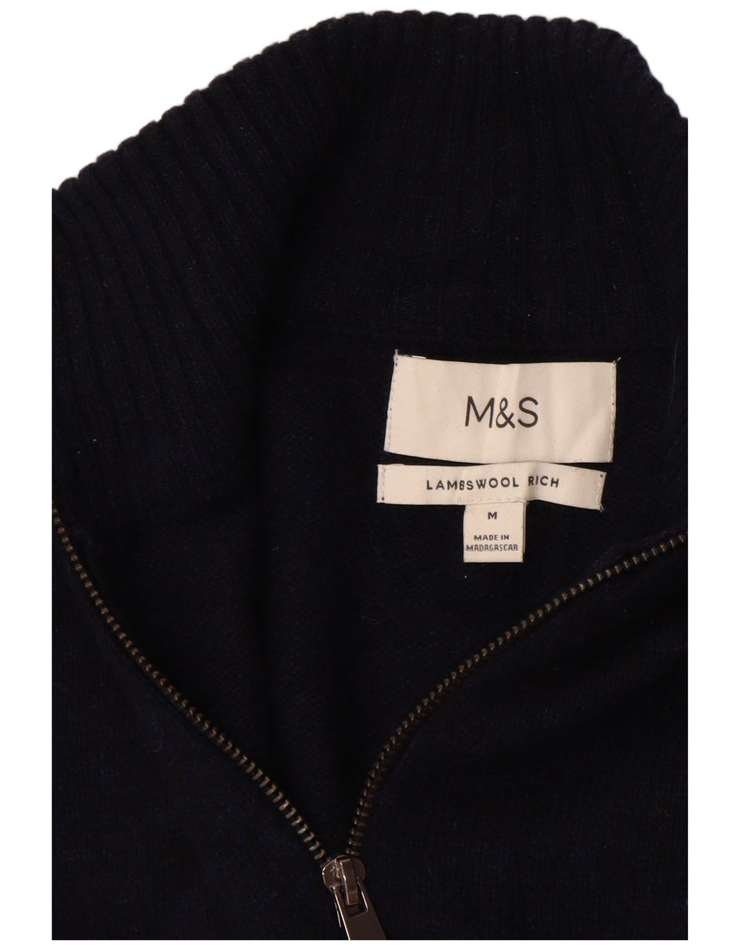 Suéter masculino Marks & Spencer com zíper e gola em lã de carneiro azul marinho médio