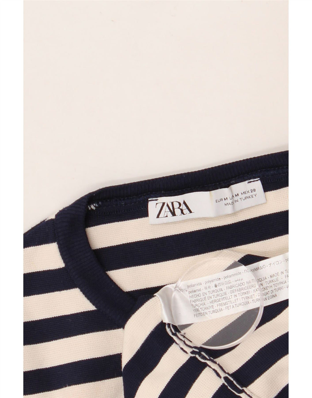 ZARA Top curto feminino manga comprida UK 12 médio azul marinho listrado poliamida