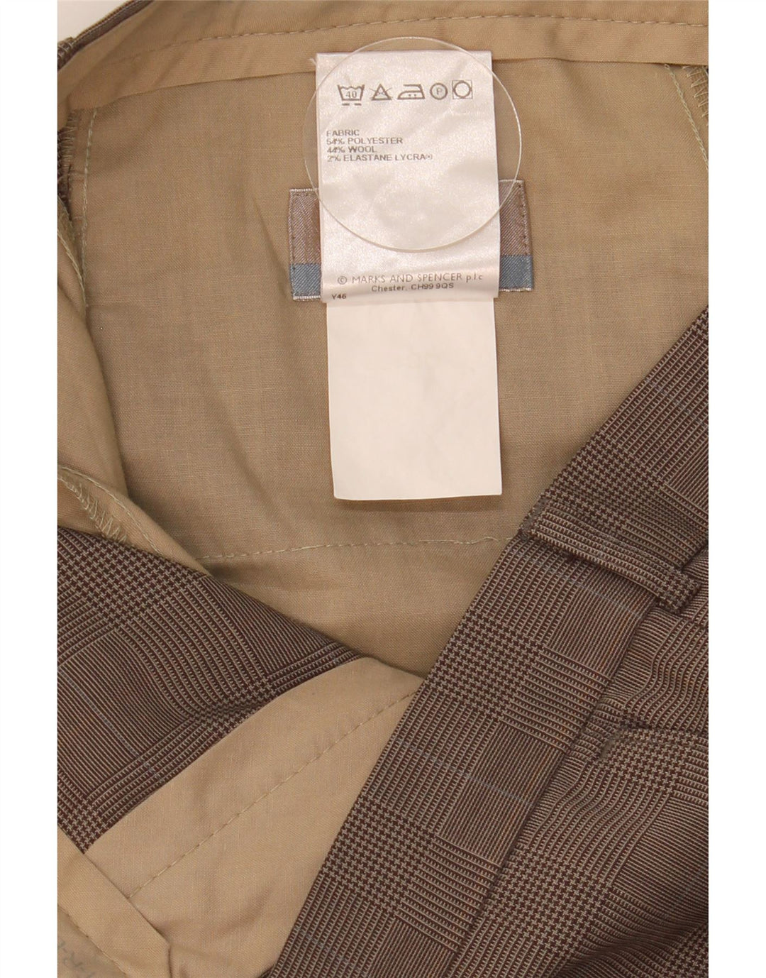 Calça masculina Marks & Spencer com pegged terno W34 L31 poliéster xadrez marrom