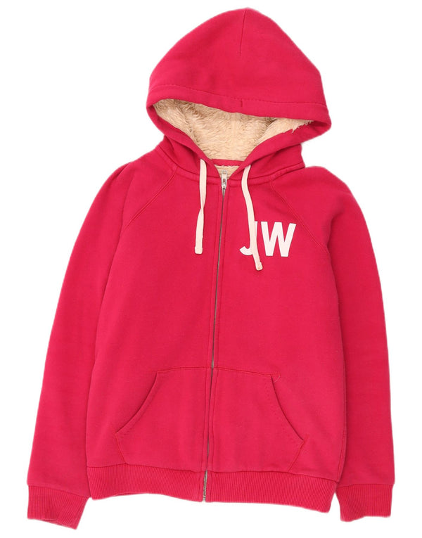 Jack Wills Suéter feminino com capuz e zíper grande gráfico Reino Unido 10 pequeno rosa