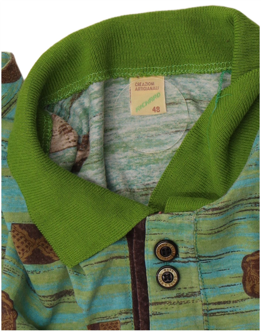 Camisa polo masculina vintage IT 48 algodão geométrico verde médio