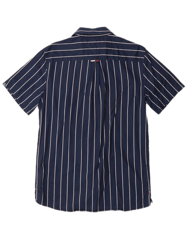 Camisa masculina de manga curta Tommy Hilfiger pequena listrada azul marinho de algodão