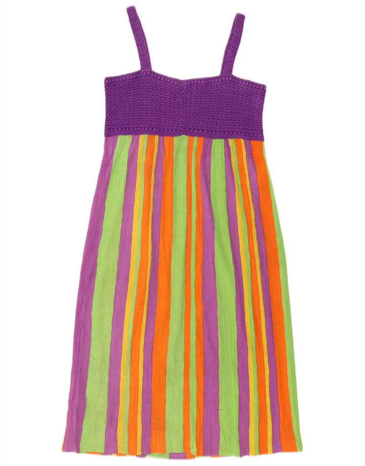 Vestido de verão feminino vintage UK 8 pequeno listrado multicolorido