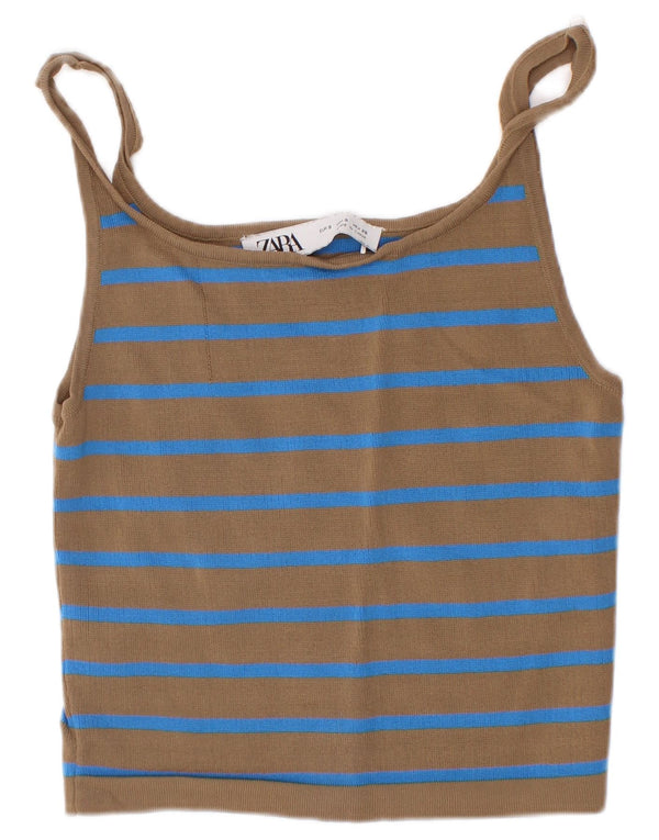 Zara Womens Crop Cami Top UK 8 Pequeno Viscose Listrado Marrom