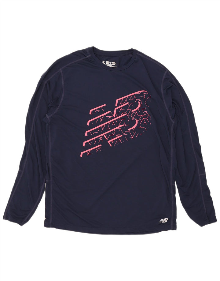 Top gráfico masculino New Balance manga comprida grande poliéster azul marinho