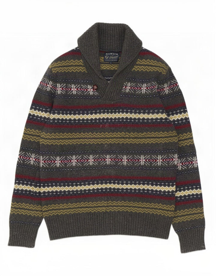 Suéter masculino Howick com gola xale e lã de cordeiro Fair Isle cinza médio