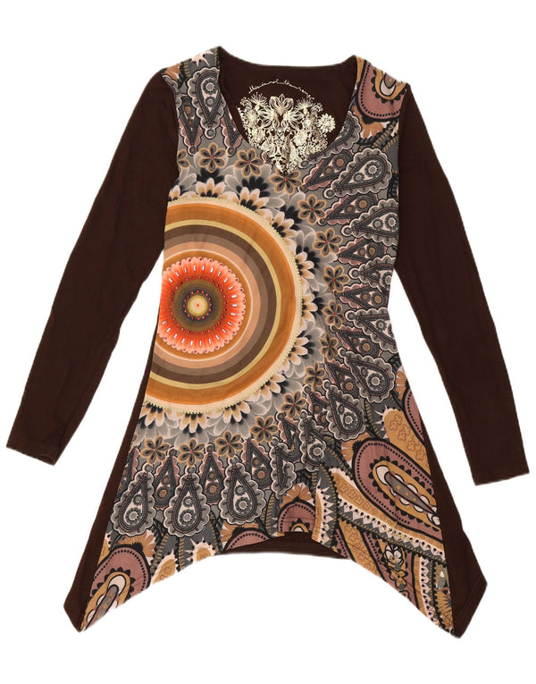 DESIGUAL Womens Graphic Asymmetric Tunic Top UK 10 Small Brown Floral