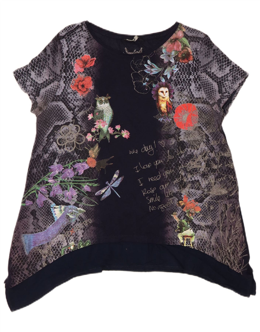 Desigual Top túnica feminina gráfica UK 14 médio azul marinho floral