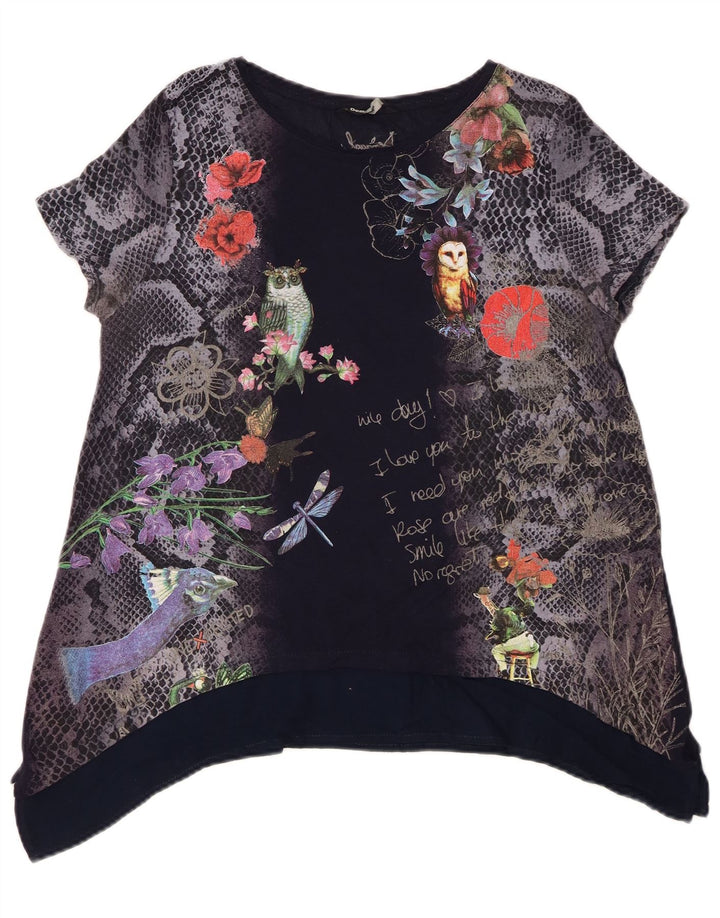 Desigual Top túnica feminina gráfica UK 14 médio azul marinho floral