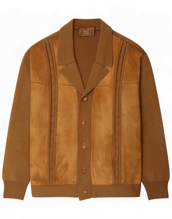 Suéter cardigã de camurça masculino vintage bloco de cor marrom médio
