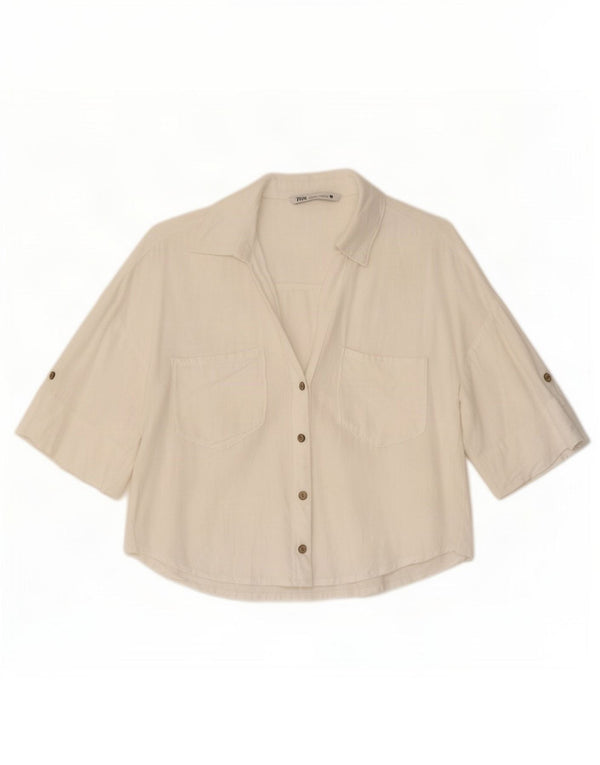Camisa feminina Zara manga curta grande tamanho UK 6 XS linho branco