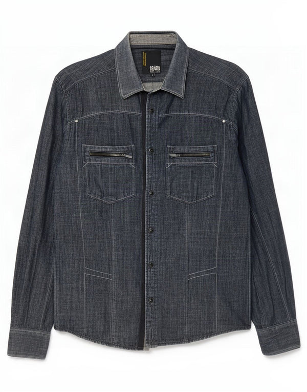 Camisa jeans masculina Jack & Jones pequena algodão azul marinho
