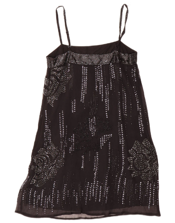 Warehouse Vestido feminino noturno deslizante Reino Unido 10 seda floral preta pequena
