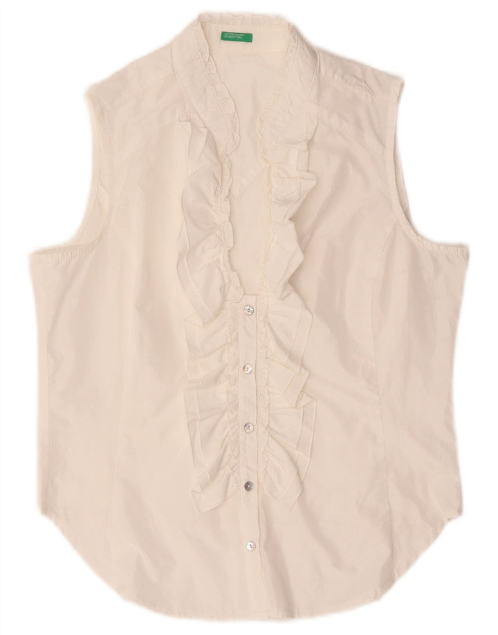 Blusa feminina Benetton com babados na frente sem mangas Reino Unido 14 médio branco
