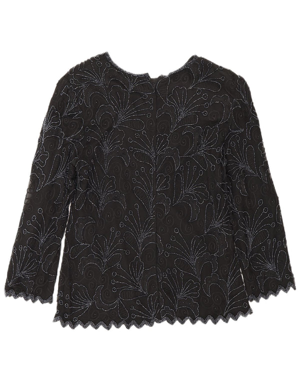 Blusa feminina vintage manga comprida regular UK 8 pequena seda floral preta