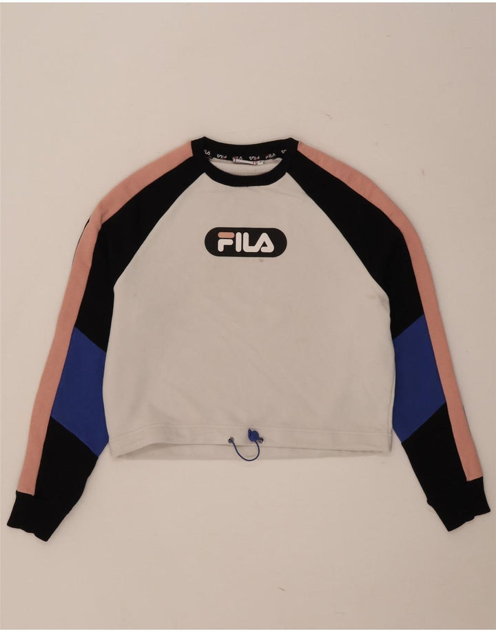 Moletom feminino Fila Oversized Crop Jumper UK 10 pequeno bloco colorido branco