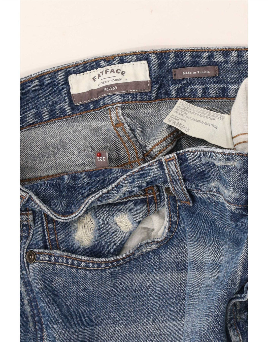 Calça jeans slim masculina Fat Face desgastada W32 L33 algodão azul