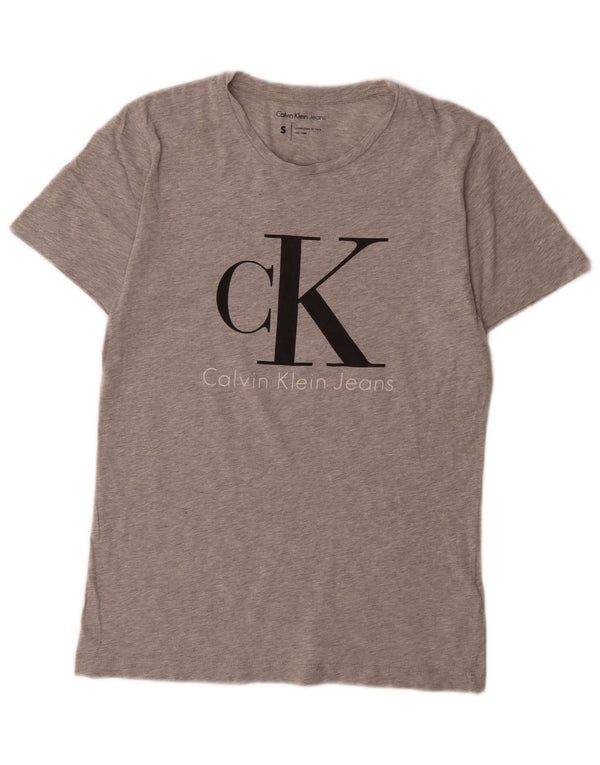 Calvin Klein Jeans Camiseta masculina gráfica top pequeno algodão manchado cinza