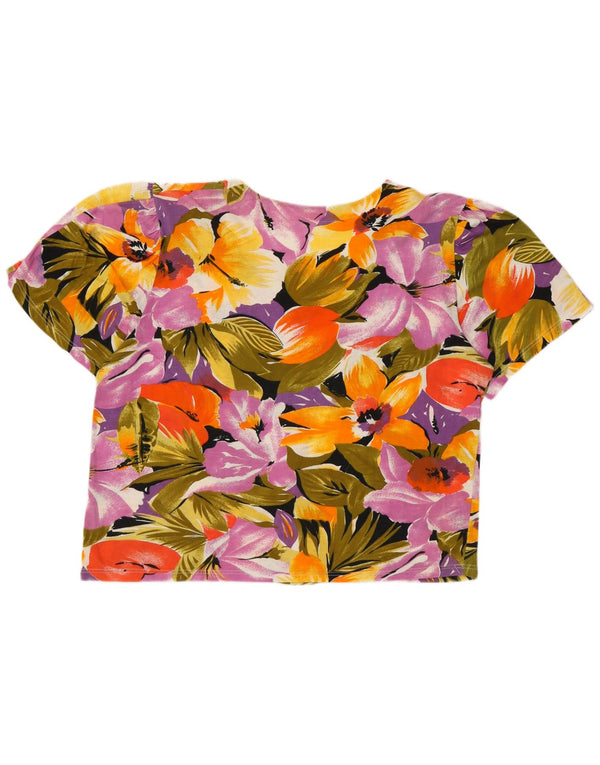 Blusa feminina vintage de manga curta UK 16 grande floral multicolorida