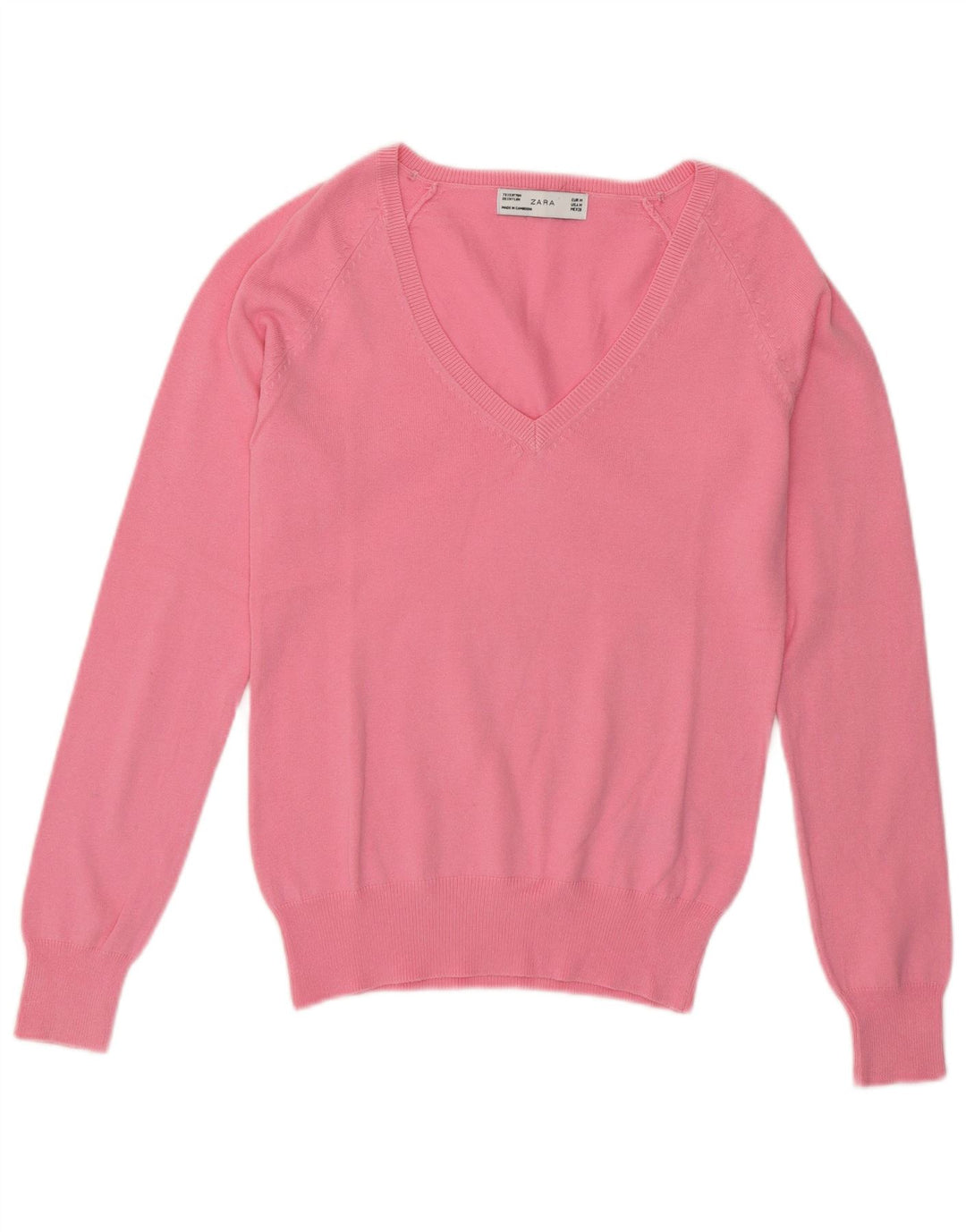 ZARA Womens V-Neck Jumper Sweater UK 12 Medium Pink Cotton