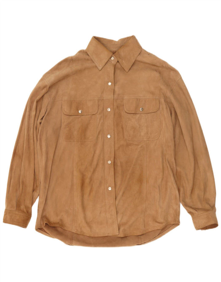 Camisa oversized feminina vintage de camurça Reino Unido 16 couro bege grande