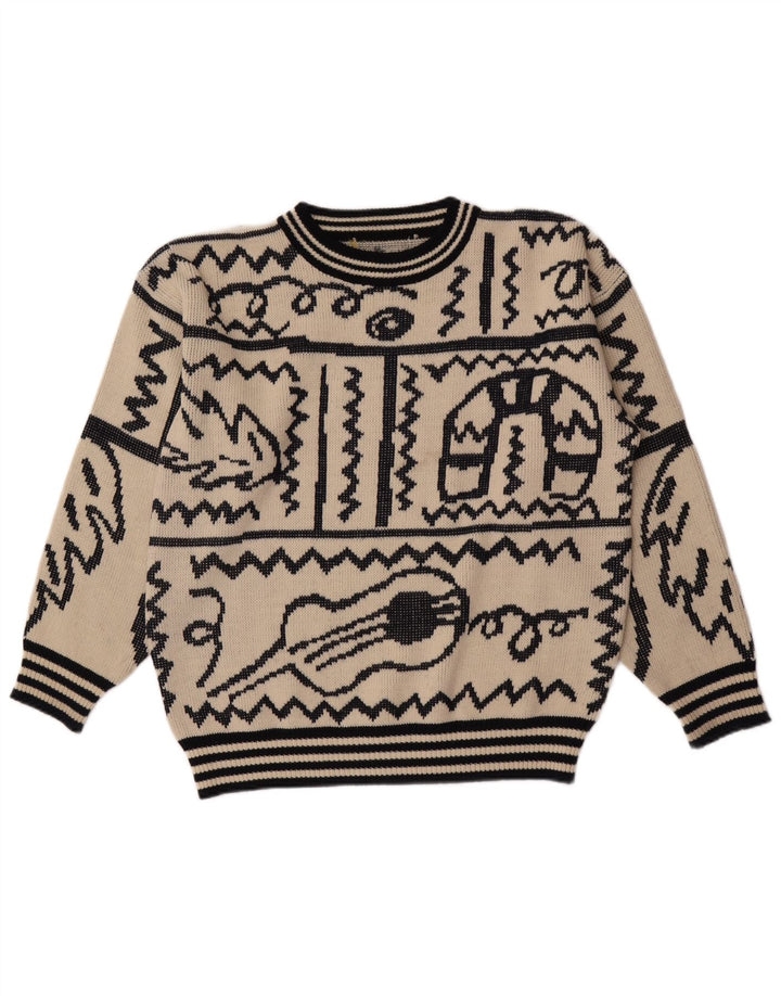 Suéter vintage masculino abstrato Padrão com gola redonda grande bege