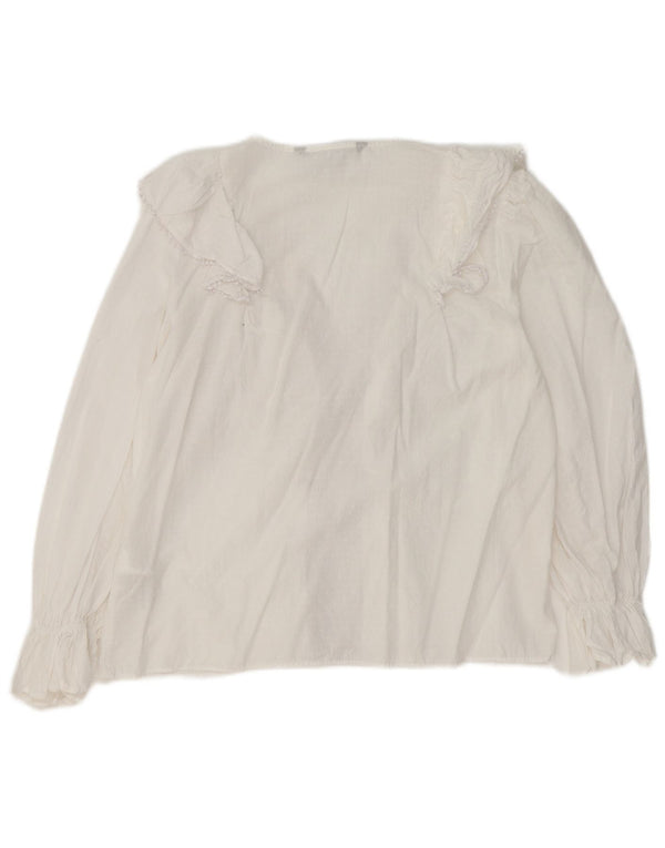 Zara blusa feminina com babados na frente manga comprida top Reino Unido 10 algodão branco pequeno
