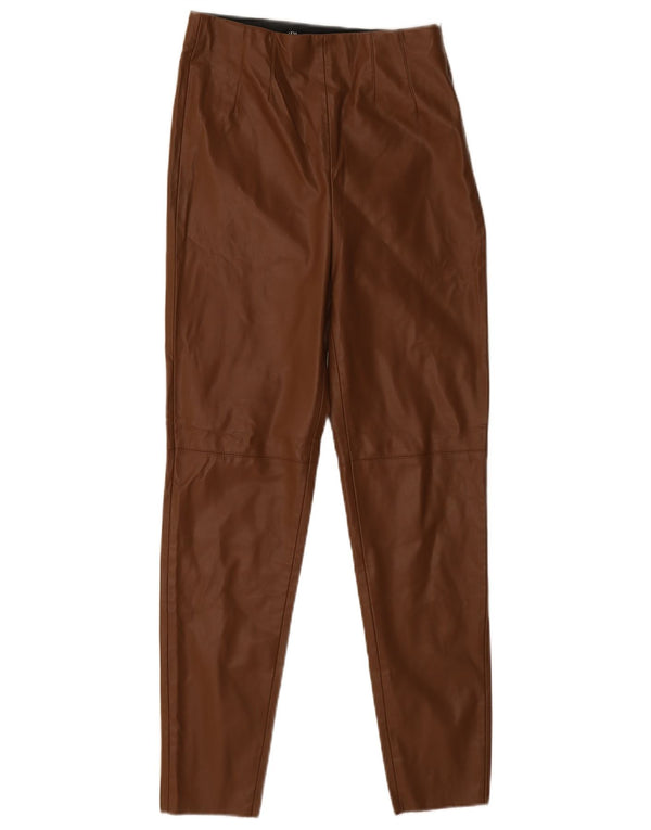 Calça feminina skinny de couro sintético Zara médio W28 L27 poliéster marrom